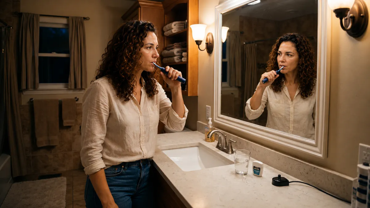 Woman brushing teeth in the bathroom mirror