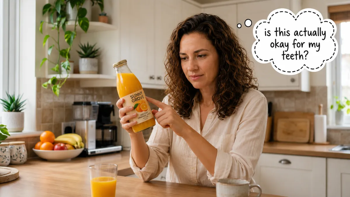 Woman reading a drink label and wondering if it is safe for teeth